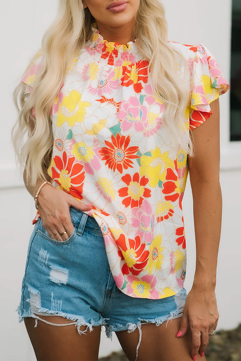 Floral Print Ruffle Stand Collar Flutter Sleeve Top