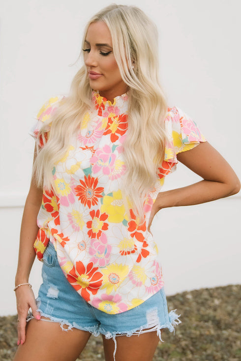 Floral Print Ruffle Stand Collar Flutter Sleeve Top