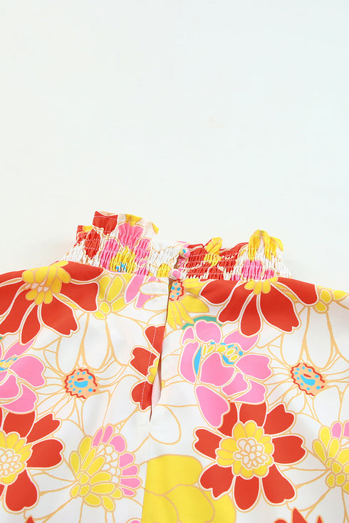 Floral Print Ruffle Stand Collar Flutter Sleeve Top