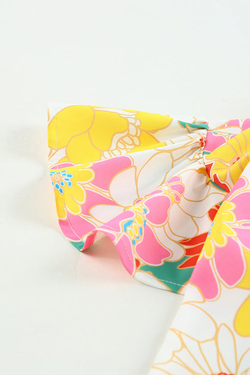 Floral Print Ruffle Stand Collar Flutter Sleeve Top