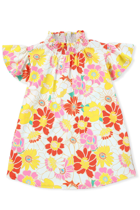 Floral Print Ruffle Stand Collar Flutter Sleeve Top