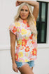 Floral Print Ruffle Stand Collar Flutter Sleeve Top