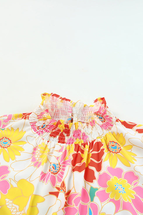Floral Print Ruffle Stand Collar Flutter Sleeve Top