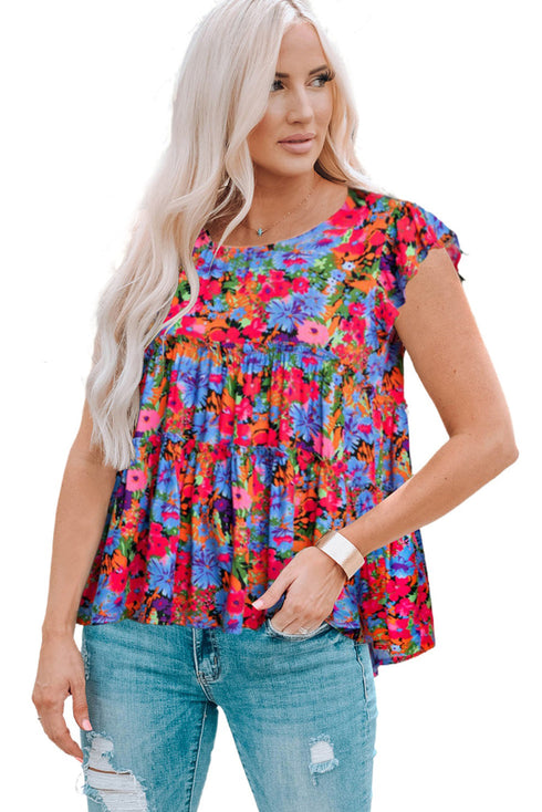 Floral Print Ruffle Tiered Short Sleeve Babydoll Top