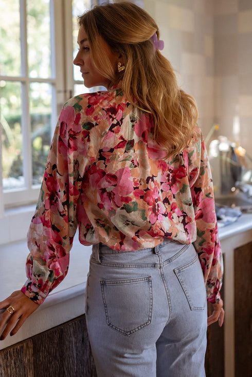 Floral Print Ruffle Trim Button Front Blouse