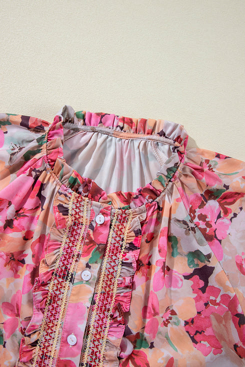 Floral Print Ruffle Trim Button Front Blouse