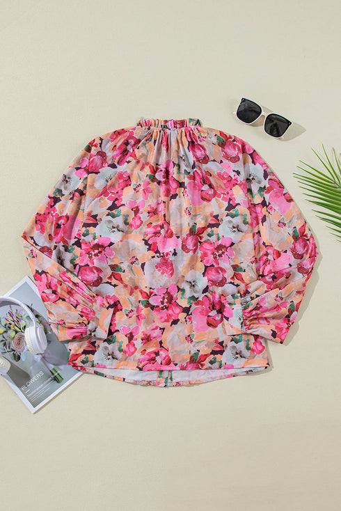 Floral Print Ruffle Trim Button Front Blouse