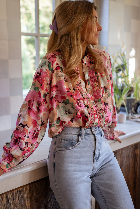 Floral Print Ruffle Trim Button Front Blouse