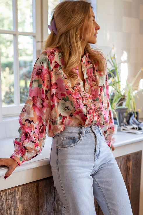 Floral Print Ruffle Trim Button Front Blouse