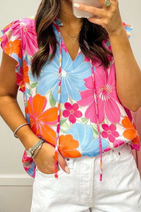 Floral Print Ruffle Trim Tie Neck Sleeveless Blouse