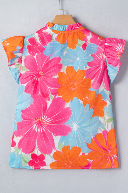 Floral Print Ruffle Trim Tie Neck Sleeveless Blouse