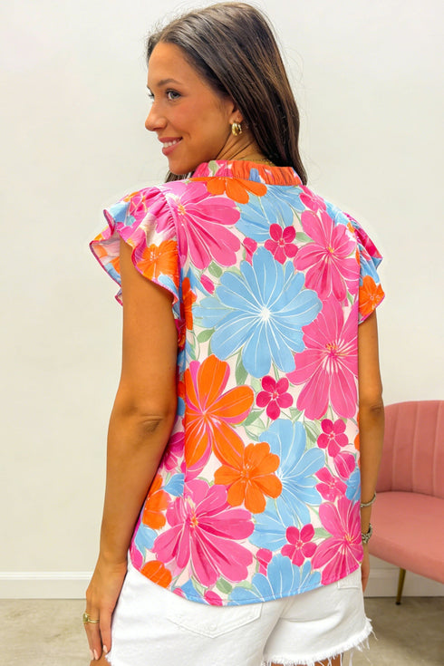Floral Print Ruffle Trim Tie Neck Sleeveless Blouse