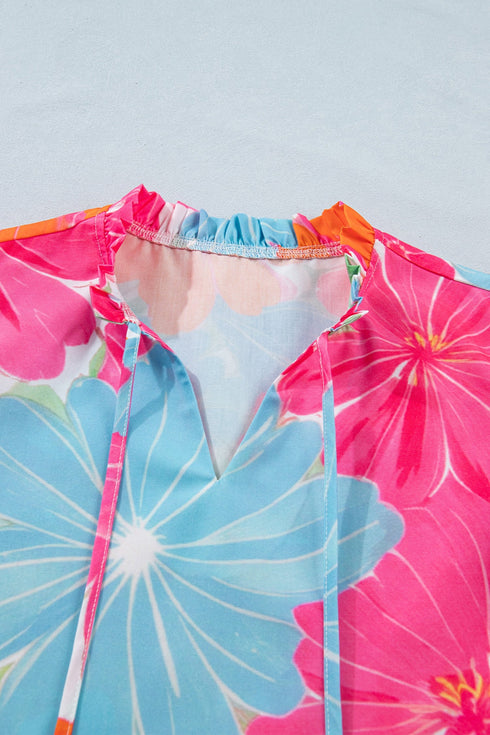 Floral Print Ruffle Trim Tie Neck Sleeveless Blouse