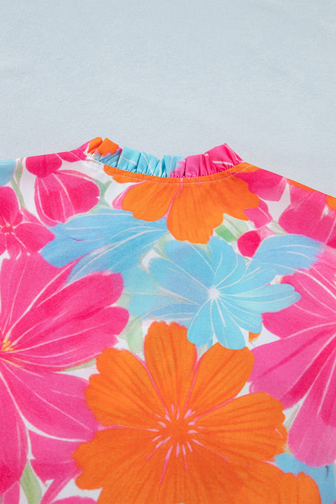Floral Print Ruffle Trim Tie Neck Sleeveless Blouse