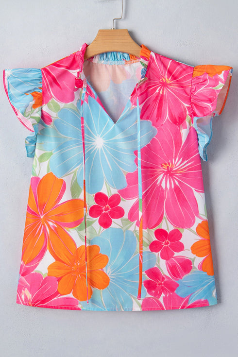 Floral Print Ruffle Trim Tie Neck Sleeveless Blouse