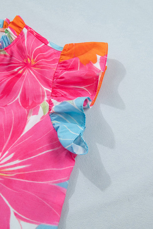 Floral Print Ruffle Trim Tie Neck Sleeveless Blouse