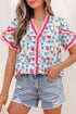 Floral Print Ruffle V Neck Short Sleeve Tunic Shirt
