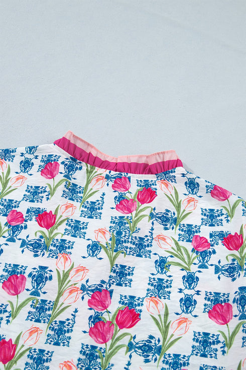 Floral Print Ruffle V Neck Short Sleeve Tunic Shirt