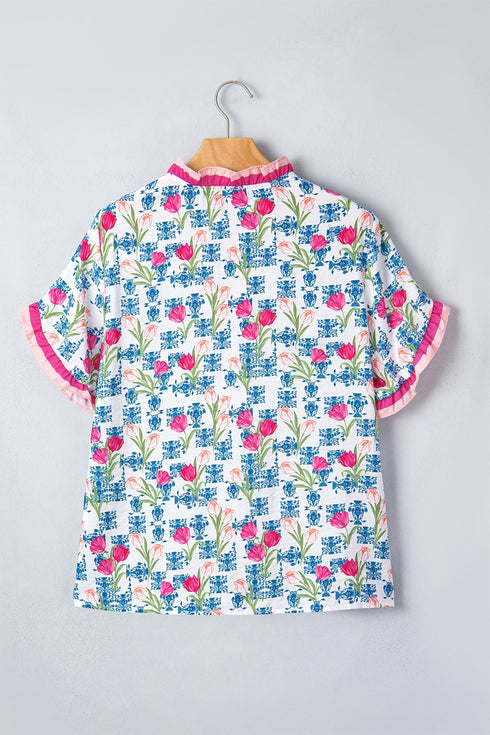 Floral Print Ruffle V Neck Short Sleeve Tunic Shirt