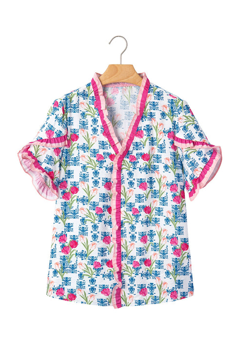 Floral Print Ruffle V Neck Short Sleeve Tunic Shirt
