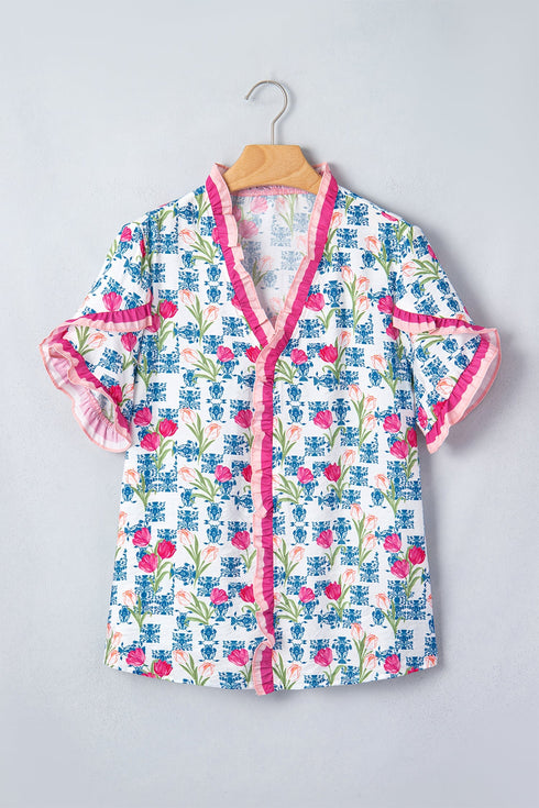 Floral Print Ruffle V Neck Short Sleeve Tunic Shirt