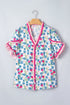 Floral Print Ruffle V Neck Short Sleeve Tunic Shirt