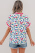 Floral Print Ruffle V Neck Short Sleeve Tunic Shirt