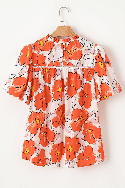 Floral Print Ruffled Mock Neck Woven Blouse