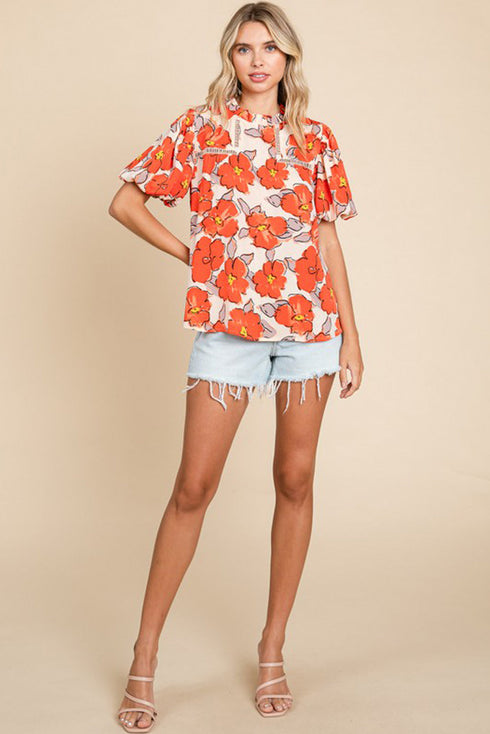 Floral Print Ruffled Mock Neck Woven Blouse