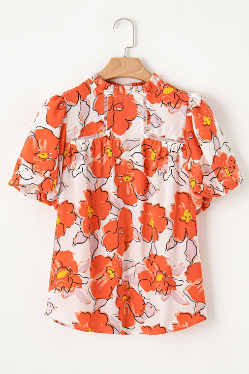 Floral Print Ruffled Mock Neck Woven Blouse