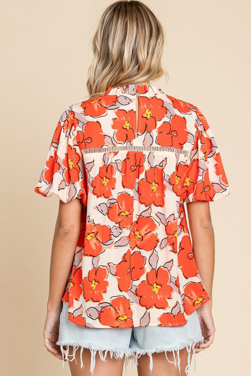 Floral Print Ruffled Mock Neck Woven Blouse