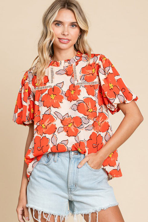 Floral Print Ruffled Mock Neck Woven Blouse