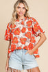 Floral Print Ruffled Mock Neck Woven Blouse