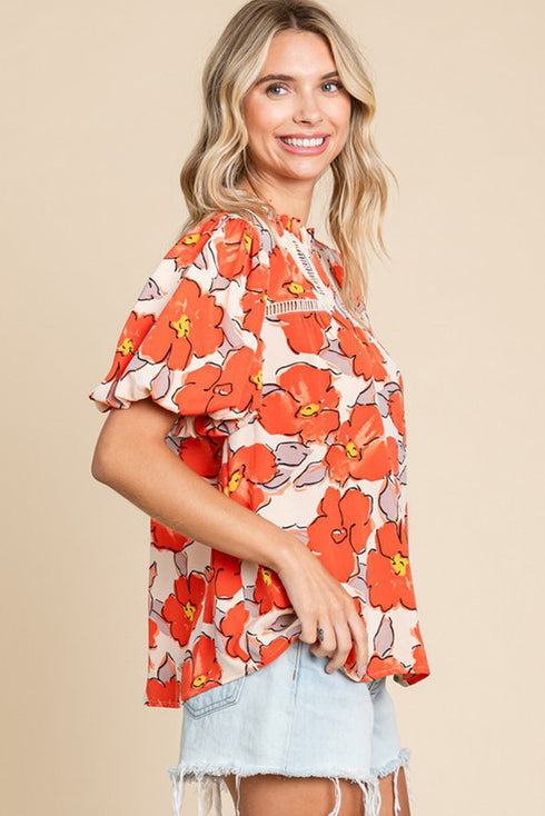 Floral Print Ruffled Mock Neck Woven Blouse