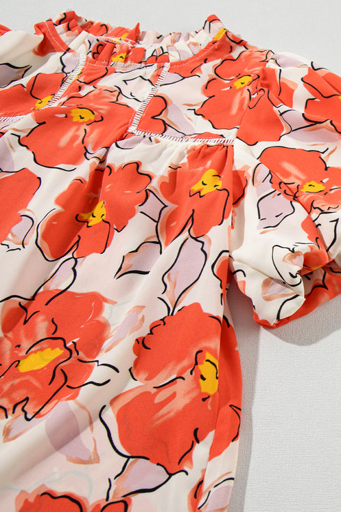 Floral Print Ruffled Mock Neck Woven Blouse