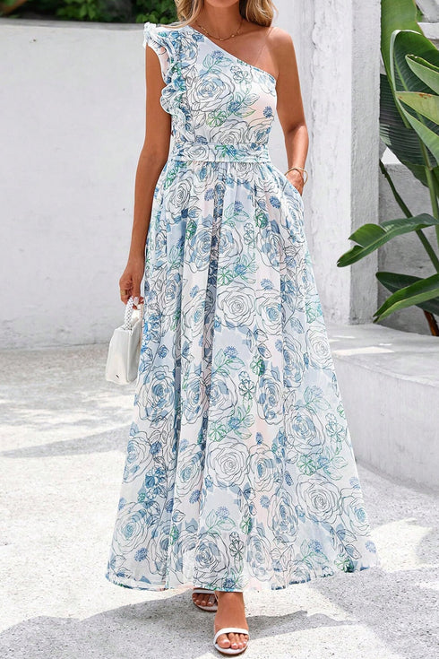 Floral Print Ruffled One Shoulder Maxi Dress