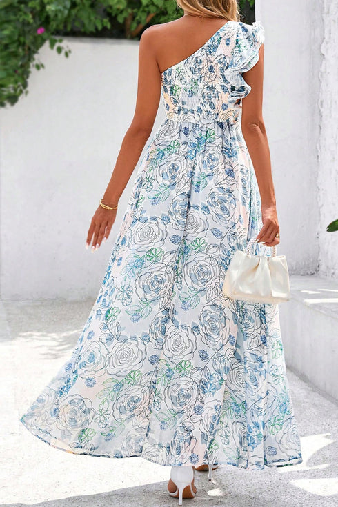 Floral Print Ruffled One Shoulder Maxi Dress