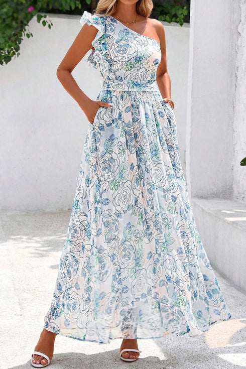 Floral Print Ruffled One Shoulder Maxi Dress