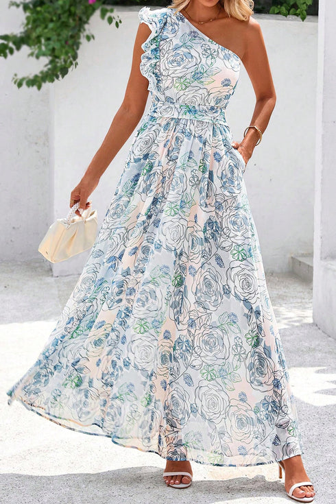 Floral Print Ruffled One Shoulder Maxi Dress