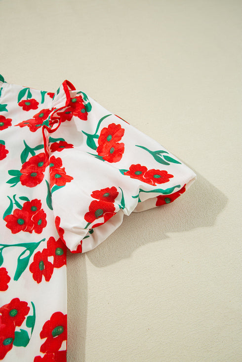 Floral Print Ruffled Puff Sleeve Button Down Blouse