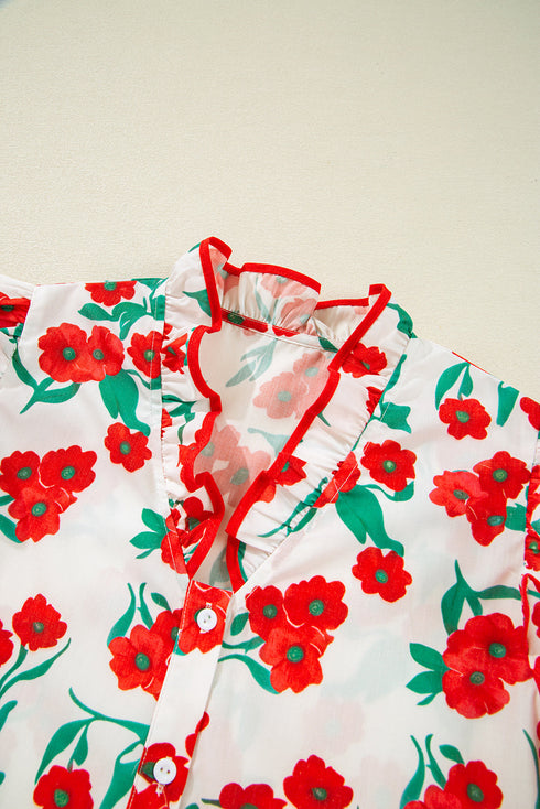 Floral Print Ruffled Puff Sleeve Button Down Blouse
