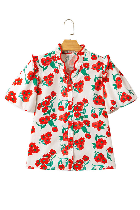 Floral Print Ruffled Puff Sleeve Button Down Blouse