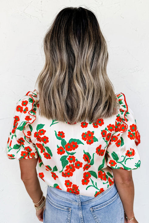 Floral Print Ruffled Puff Sleeve Button Down Blouse