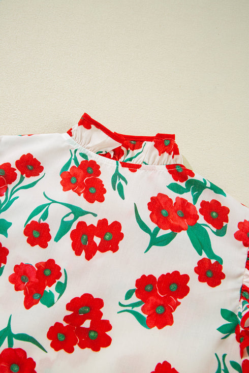 Floral Print Ruffled Puff Sleeve Button Down Blouse