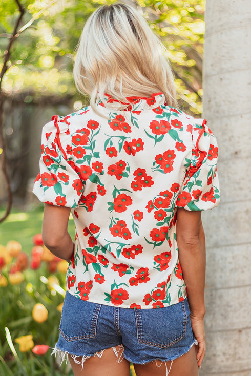 Floral Print Ruffled Puff Sleeve Button Down Blouse