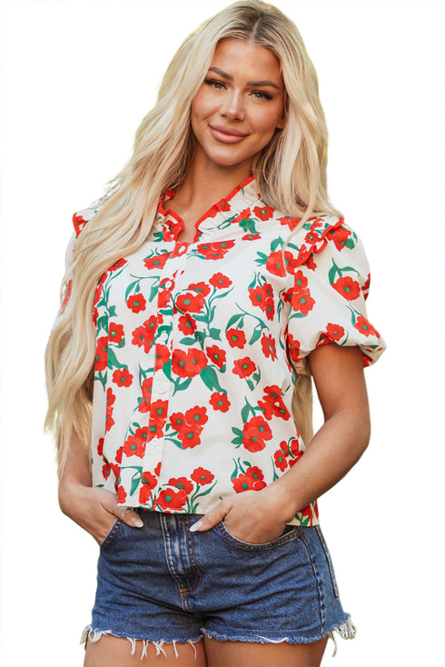 Floral Print Ruffled Puff Sleeve Button Down Blouse
