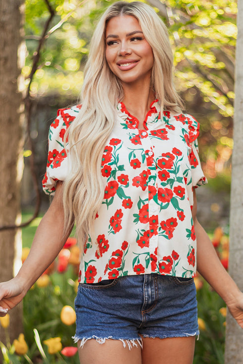 Floral Print Ruffled Puff Sleeve Button Down Blouse