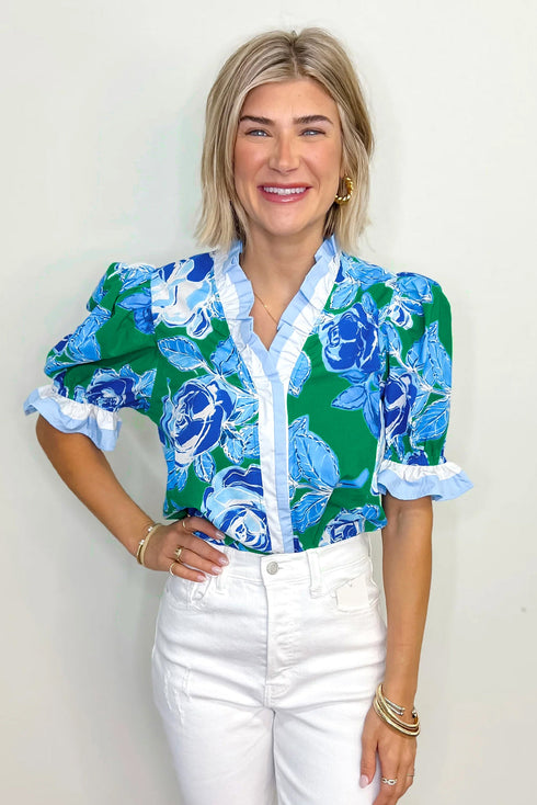 Floral Print Ruffled Puff Sleeve Crisp Cotton Blouse