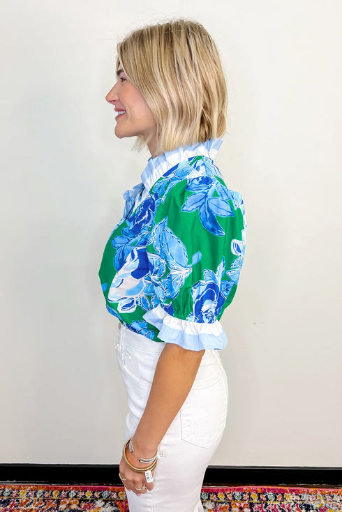 Floral Print Ruffled Puff Sleeve Crisp Cotton Blouse