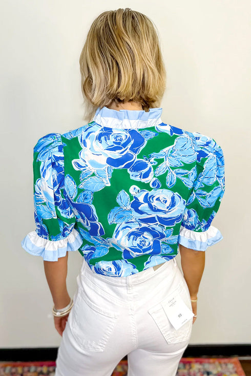 Floral Print Ruffled Puff Sleeve Crisp Cotton Blouse